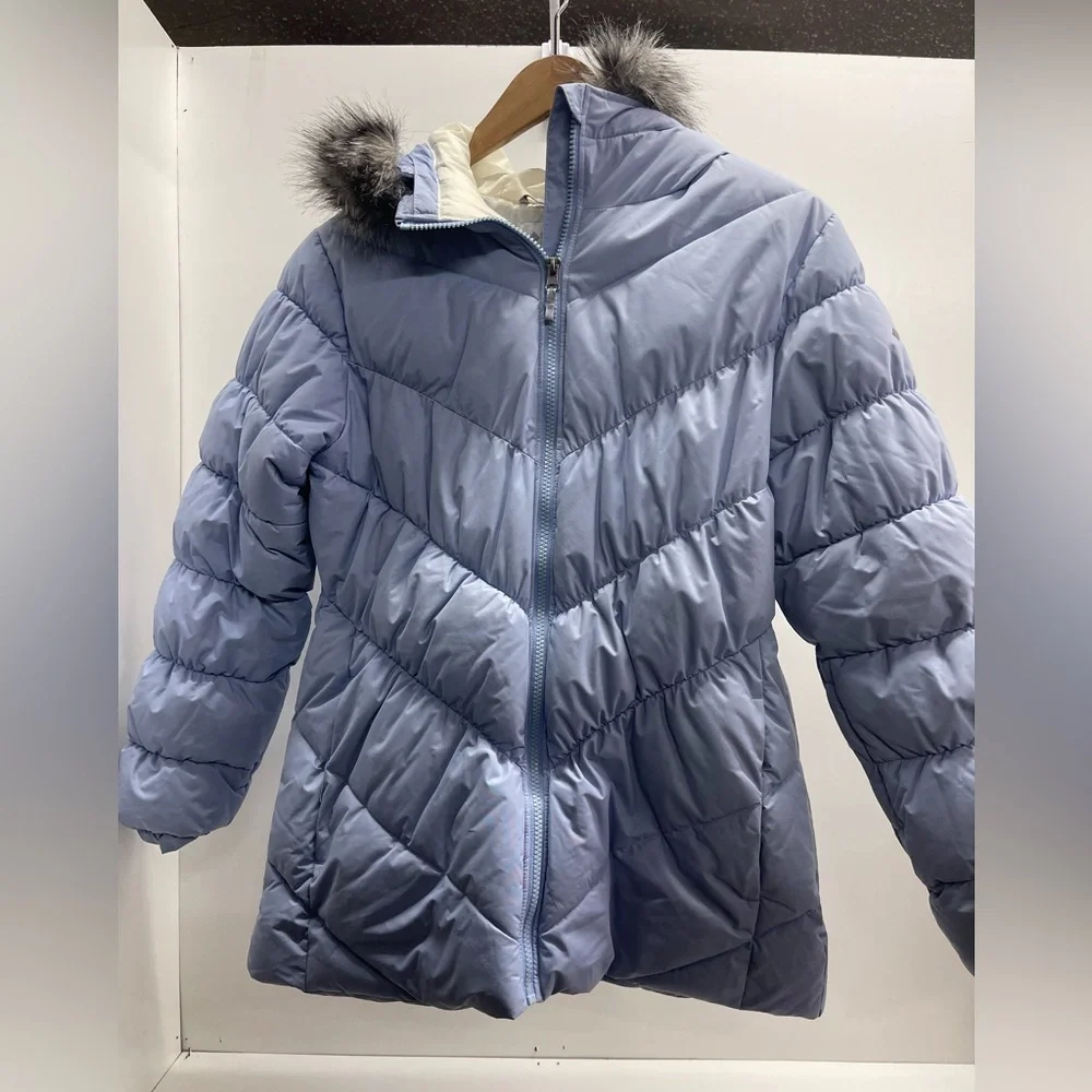 Girls' Light Blue Quilted Puffer Jacket with Faux Fur Trim‎ Hood